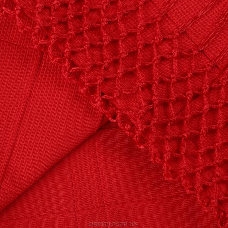Herve Leger Red Fringe Crochet Bandage Dress