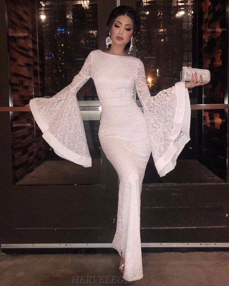Herve Leger White Lace Trumpet Sleeve Gown Herve Leger White Lace Trumpet Sleeve Gown