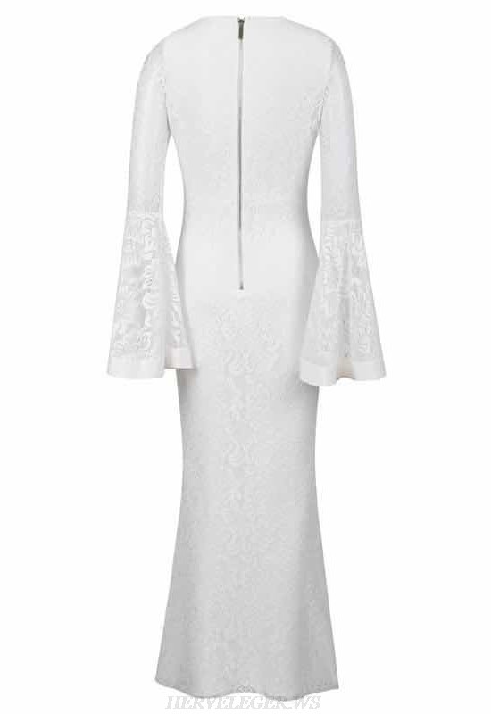 Herve Leger White Lace Trumpet Sleeve Gown