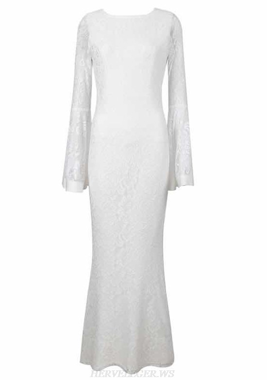 Herve Leger White Lace Trumpet Sleeve Gown