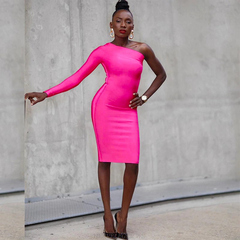 Herve Leger Pink Long Sleeve Bardot Bandage Dress
