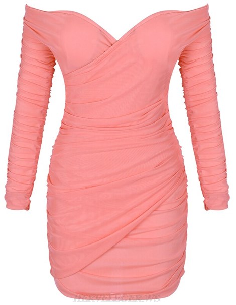 Herve Leger Coral Pink Long Sleeve Bardot Ruched Dress