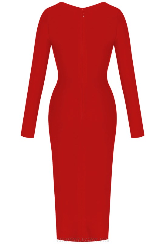 Herve Leger Red Long Sleeve Cut Out Bandage Dress