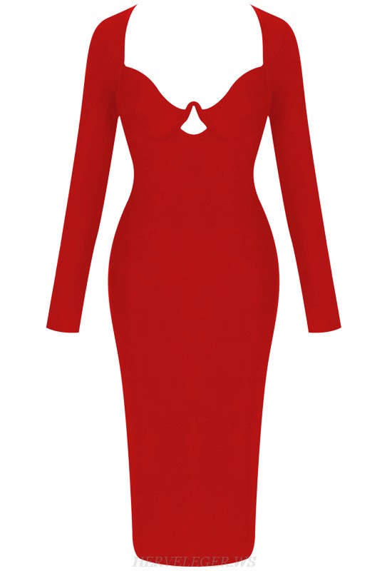 Herve Leger Red Long Sleeve Cut Out Bandage Dress