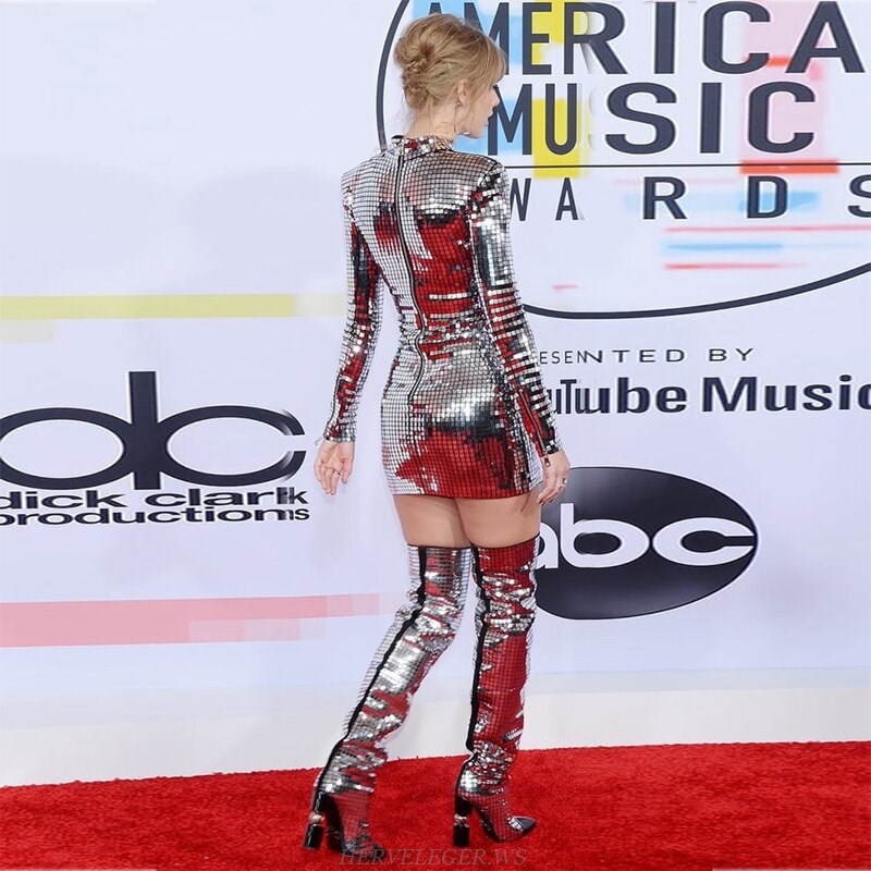 Herve Leger Silver Long Sleeve Mirrored Stars Dress