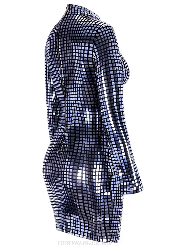 Herve Leger Silver Long Sleeve Mirrored Stars Dress