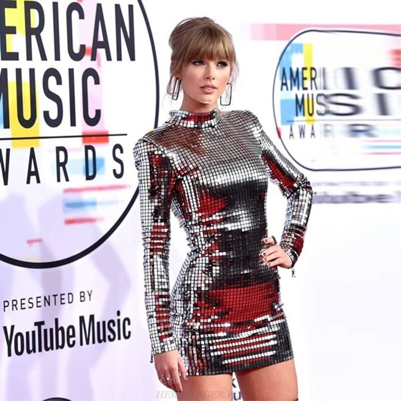 Herve Leger Silver Long Sleeve Mirrored Stars Dress