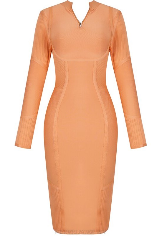 Herve Leger Peach Long Sleeve Ribbed Detail Bandage Dress
