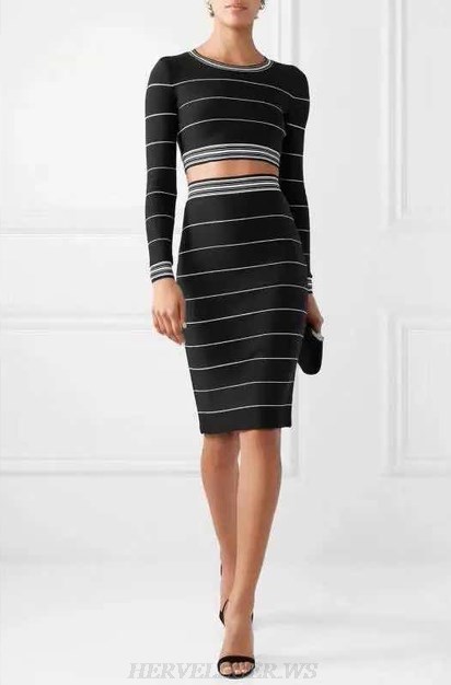 Herve Leger Black White Long Sleeve Two Piece Bandage Dress