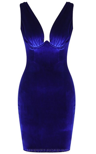 Herve Leger Blue Plunge V Neck Bustier Velvet Dress