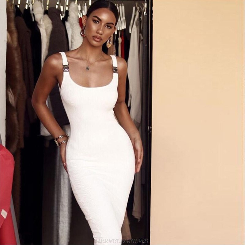 Herve Leger White Ribbed Bandage Dress