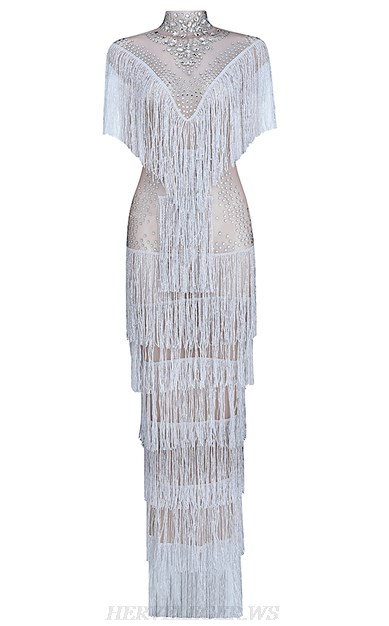 Herve Leger White Nude Tassel Embellished Gown