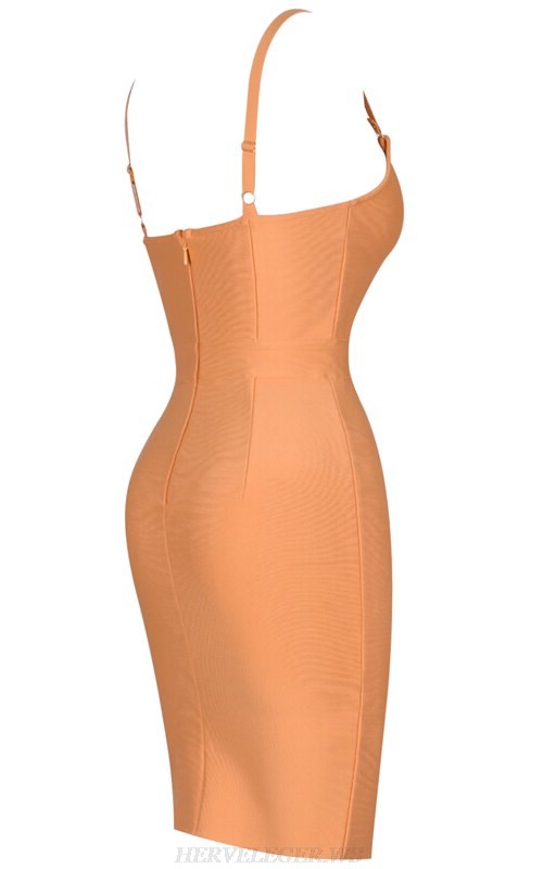 Herve Leger Peach W Neck Bandage Dress
