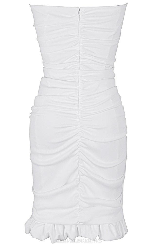 Herve Leger White Bandeau Frill Ruched Dress
