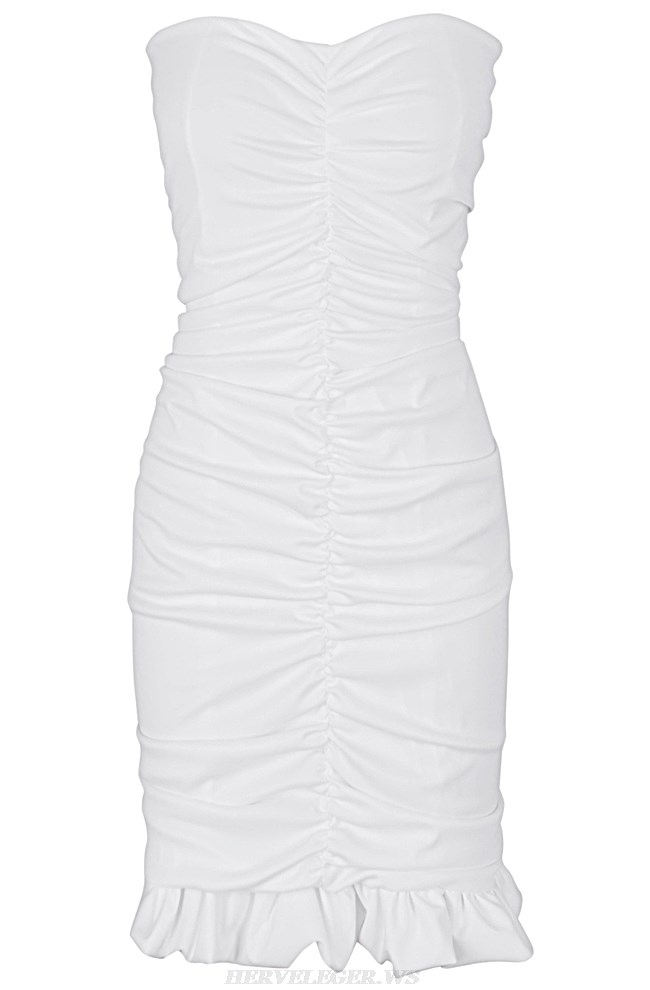 Herve Leger White Bandeau Frill Ruched Dress
