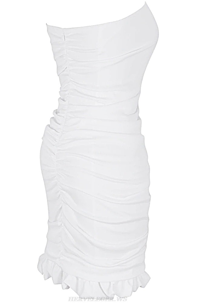 Herve Leger White Bandeau Frill Ruched Dress