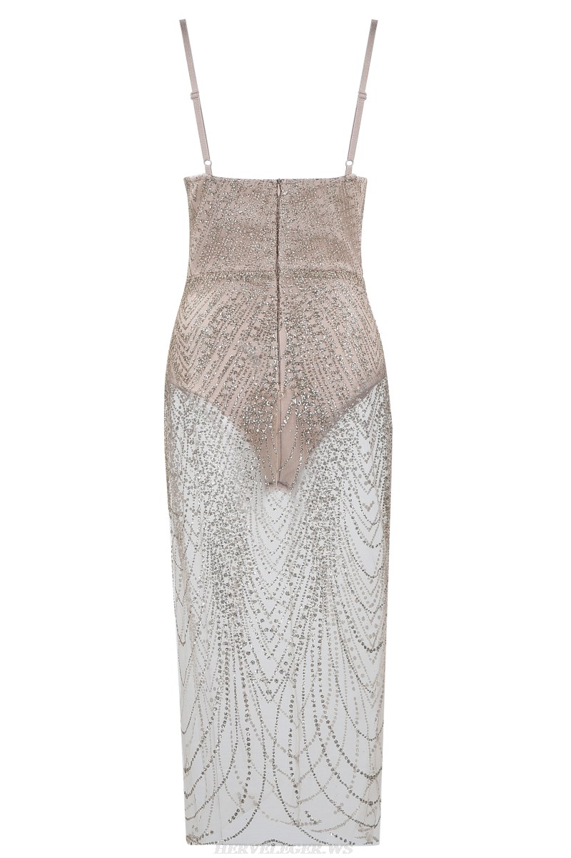 Herve Leger Nude Embellished Mesh Bandage Dress