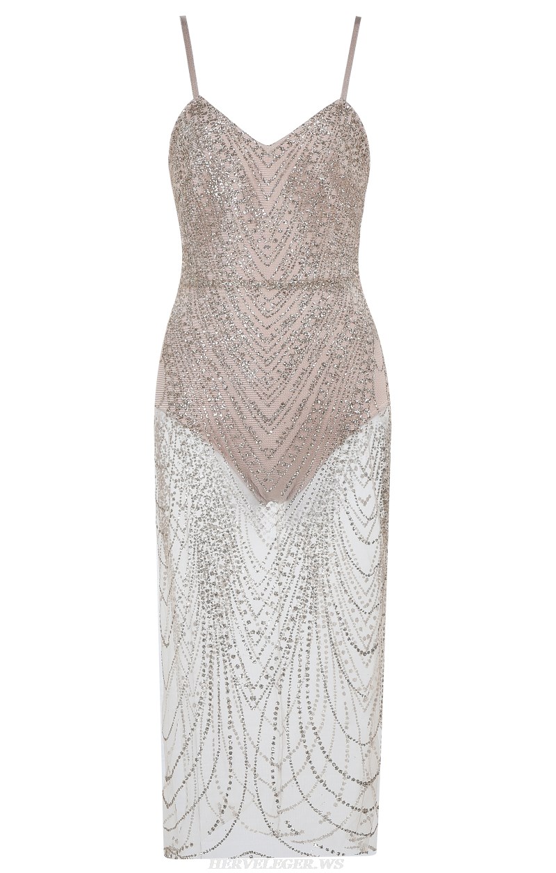 Herve Leger Nude Embellished Mesh Bandage Dress