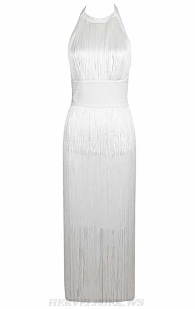 Herve Leger White Halter Tassel Bandage Dress