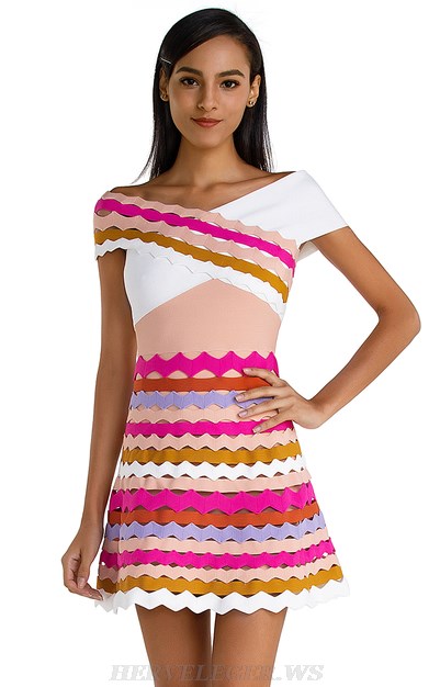 Herve Leger Pink Laser Cut A Line Bandage Dress
