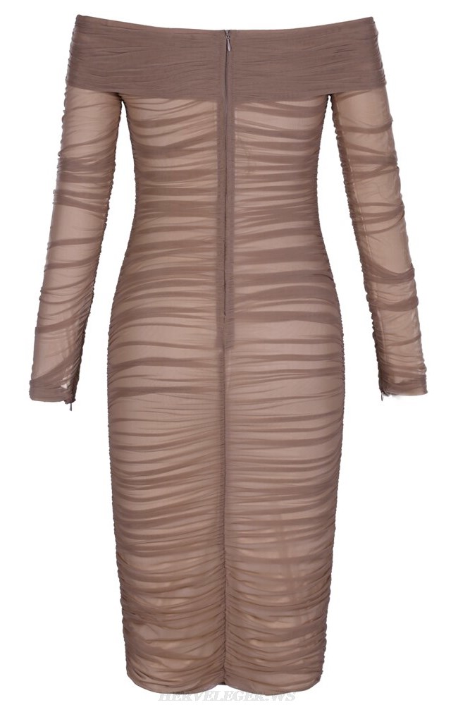 Herve Leger Brown Long Sleeve Bardot Ruched Mesh Dress