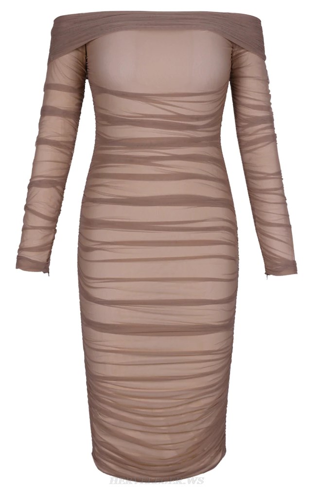 Herve Leger Brown Long Sleeve Bardot Ruched Mesh Dress