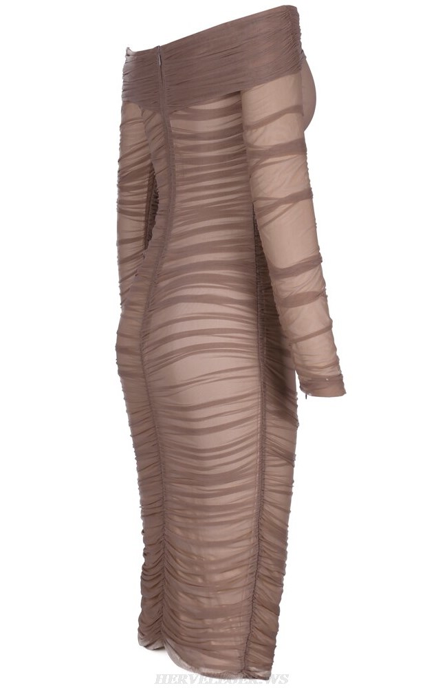 Herve Leger Brown Long Sleeve Bardot Ruched Mesh Dress