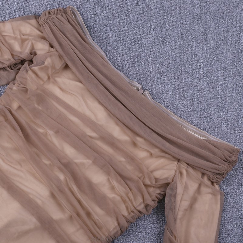 Herve Leger Brown Long Sleeve Bardot Ruched Mesh Dress