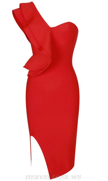 Herve Leger Red One Sleeve Frill Bandage Dress