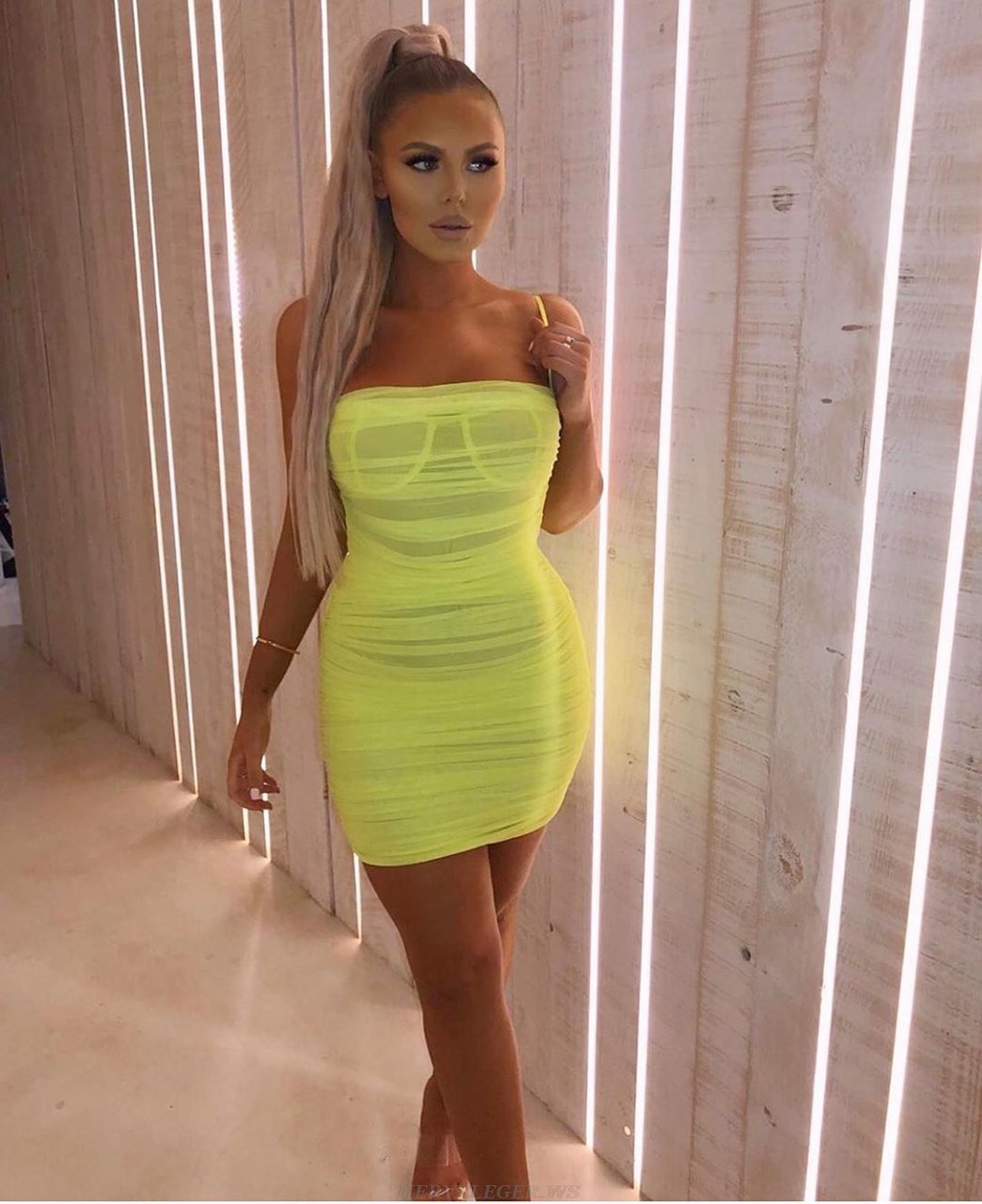 Herve Leger Neon Ruched Mesh Dress