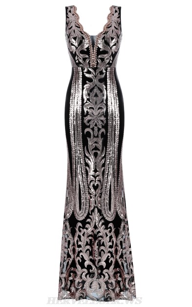 Herve Leger Black Platinum Sequin Formal Dress