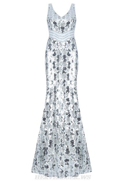 Herve Leger Silver Sequin Mermaid Formal Dress