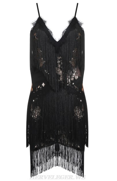 Herve Leger Black Sequin Tassel Dress