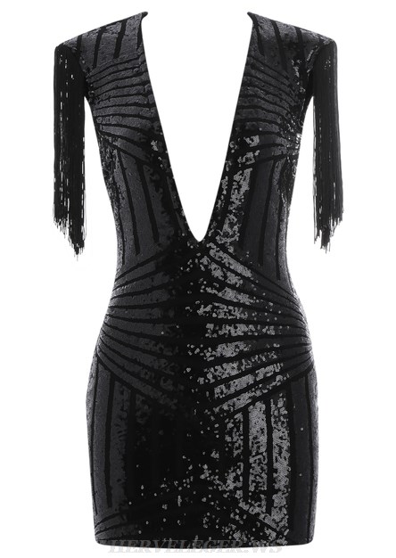 Herve Leger Black Tassel Plunge Sequin Bandage Dress