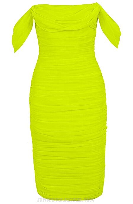 Herve Leger Neon Bardot Ruched Dress