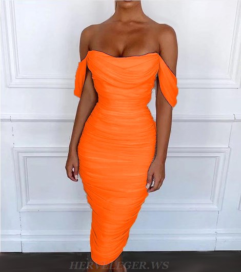 Herve Leger Orange Bardot Ruched Dress