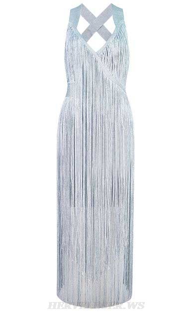 Herve Leger Arctic Silver Cross Back Tassel Dress