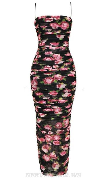Herve Leger Black Pink Floral Ruched Gown