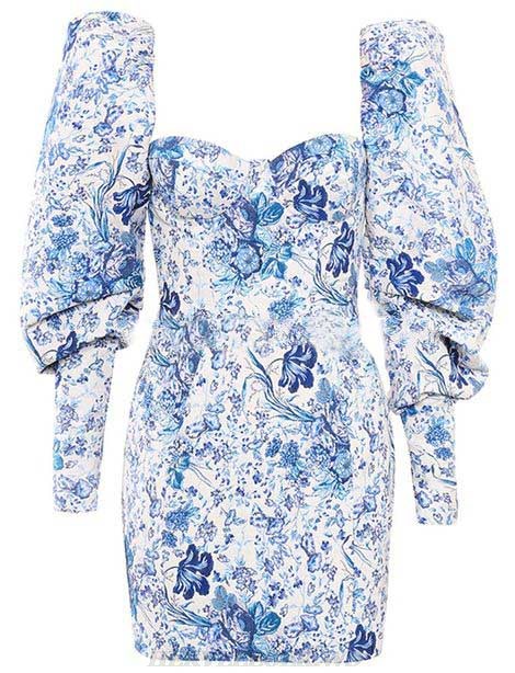 Herve Leger Blue Long Sleeve Floral Dress