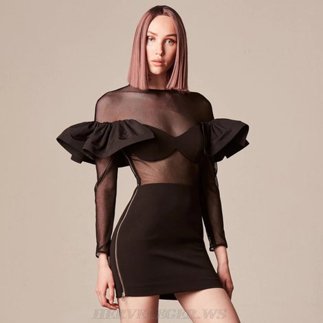 Herve Leger Black Long Sleeve Frill Zipper Dress