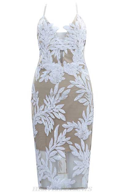 Herve Leger White Sequin Lace Backless Dress