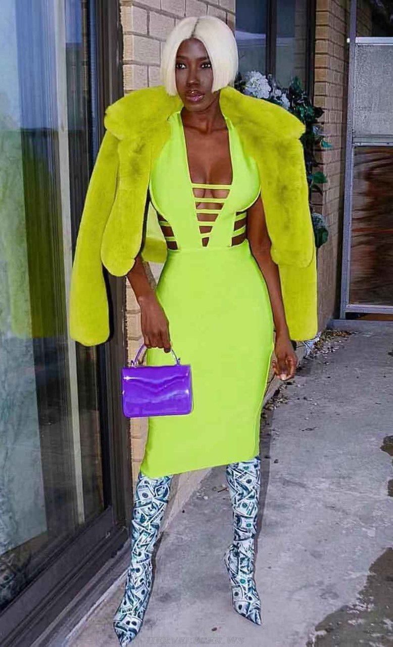 Herve Leger V Neck Neon Strappy Stars Dress