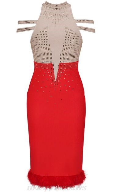 Herve Leger Nude Red Studded Dress
