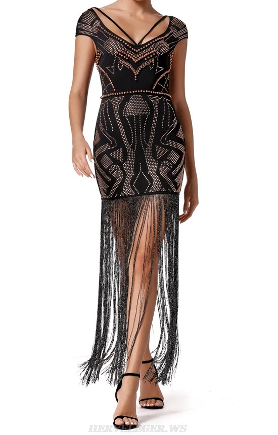 Herve Leger Black Studded Tassel Gown