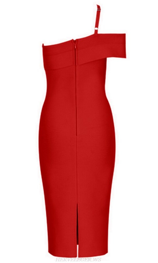 Herve Leger Red Asymmetric Bardot Dress