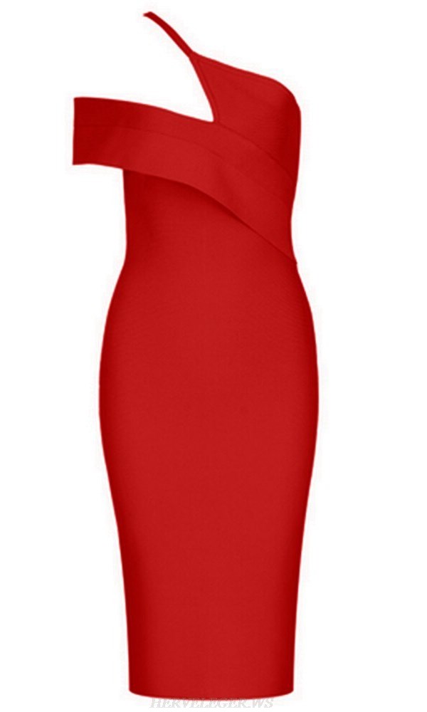 Herve Leger Red Asymmetric Bardot Dress