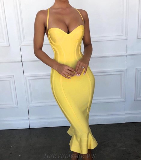 Herve Leger Yellow Bustier Fluted Dress Herve Leger Yellow Bustier Fluted Dress