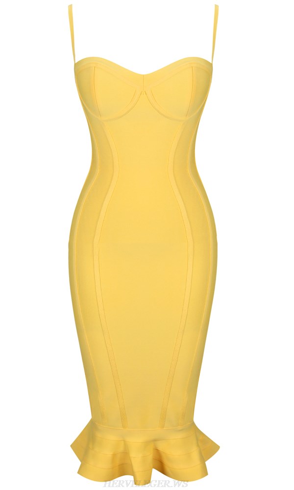 Herve Leger Yellow Bustier Fluted Dress