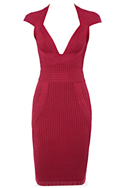 Herve Leger Burgundy Cap Sleeve Ribbed Bandage Dress