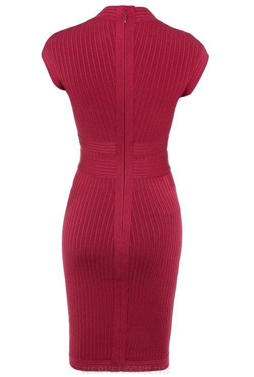 Herve Leger Burgundy Cap Sleeve Ribbed Bandage Dress